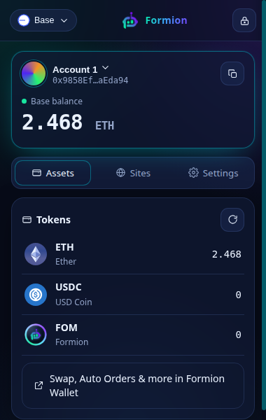 Formion Wallet popup with balance and tokens