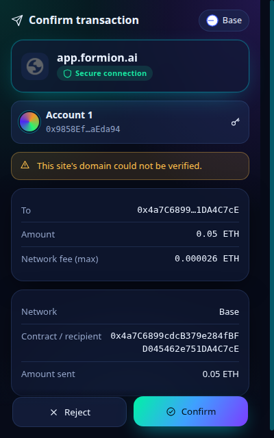Formion Wallet transaction confirmation window